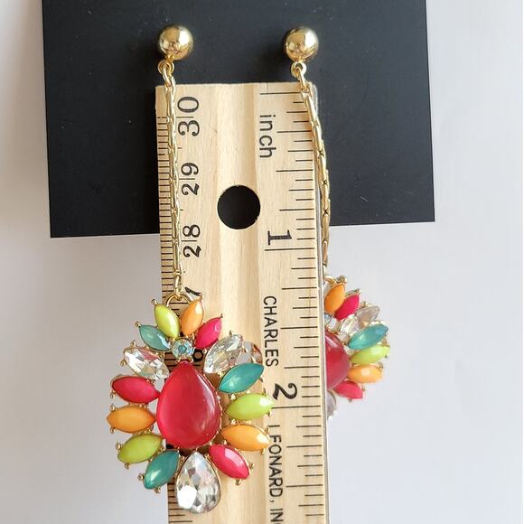Gold Tone Drop Earrings Multicolor Resin Stones 2.75" Long Rhinestone, Gift Bag - Picture 7 of 13
